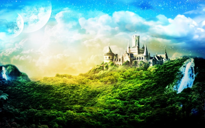 Fantasy castle on a hill with waterfalls and moons