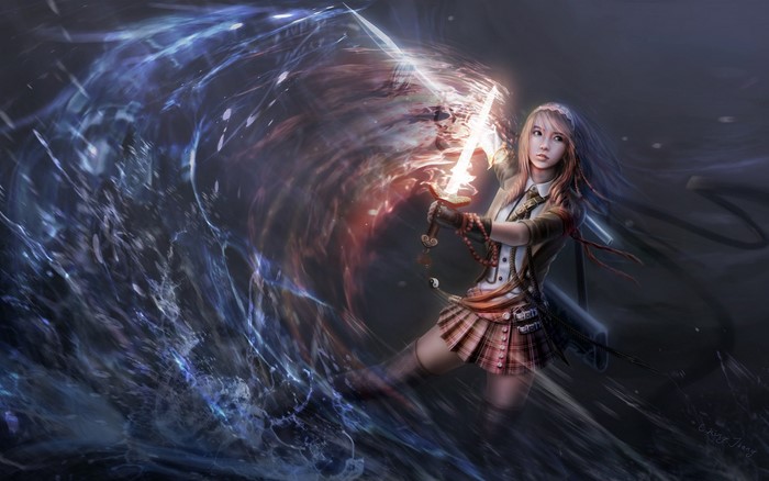 Fantasy woman with glowing sword and magical energy