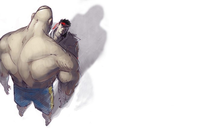 Ryu from Street Fighter facing a large opponent