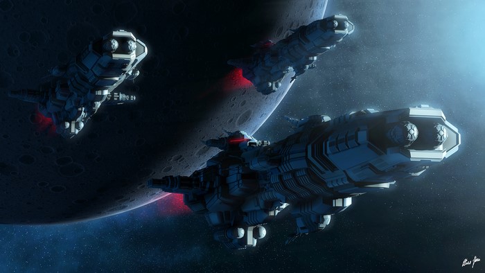 Spaceships near a moon in space