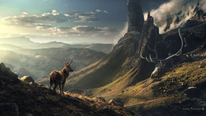Deer and Elk Skeleton in Mountain Landscape