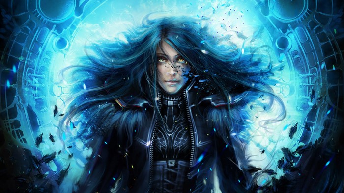 Woman with blue hair and sci-fi background