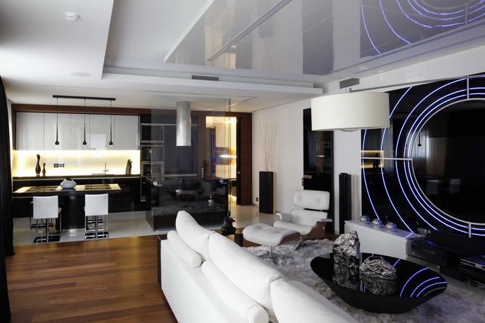 Modern living room and kitchen with sleek design