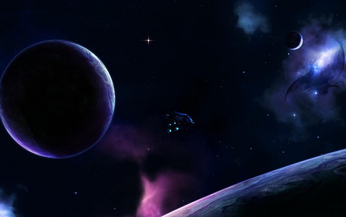 Space scene with planets and spaceship