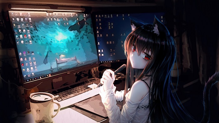 Anime, Girl, Computer, Desktop, 4K