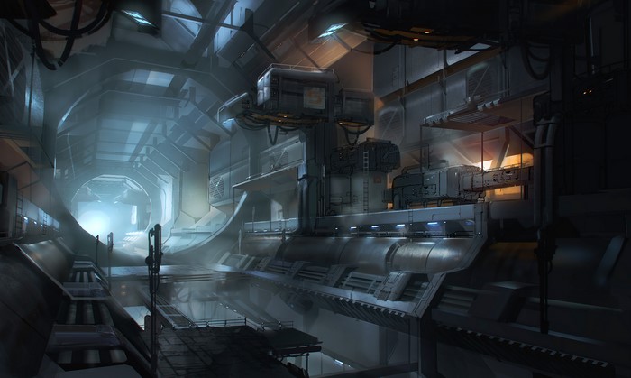 Sci-fi industrial interior with pipes and machinery