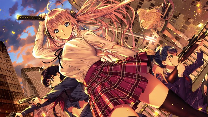 Anime girls with weapons in a city 4K