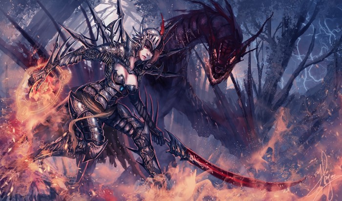Fantasy Woman Warrior Fighting Dragon in Forest