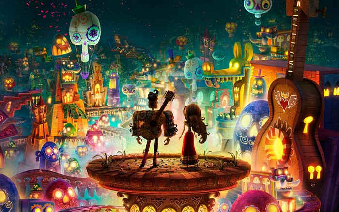 Manolo and Maria from The Book of Life in a vibrant city