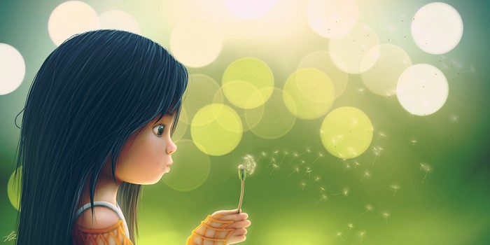 Cute girl blowing dandelion seeds