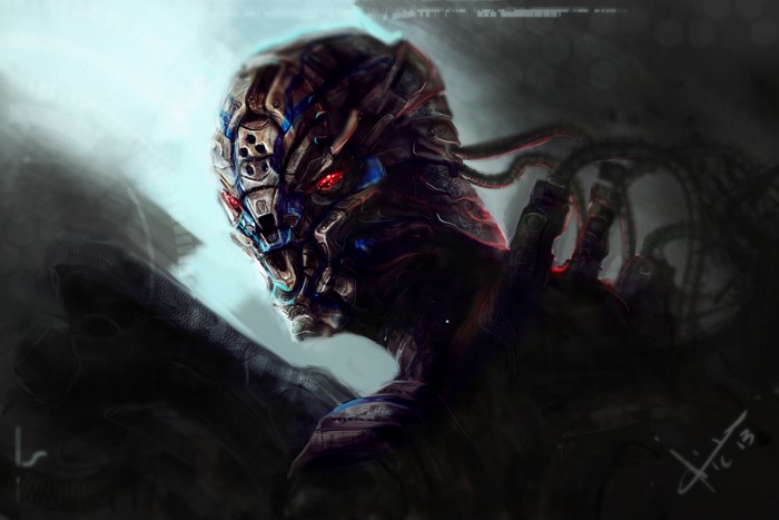 Sci Fi Cyborg with red eyes and cables