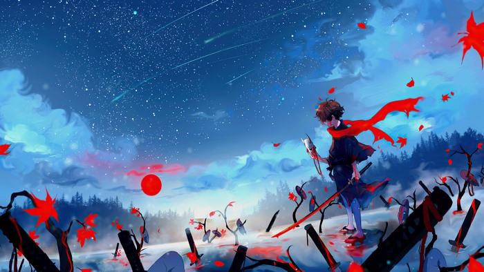 Anime, Warrior, Katana, Mask, Night, 4K