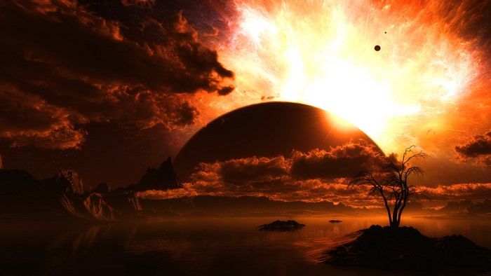 Alien planet with a large planet rising over a lake