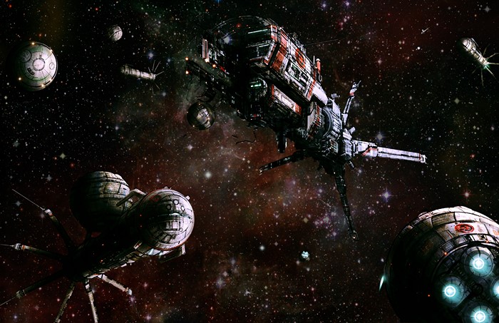 Spaceships in deep space with nebulae