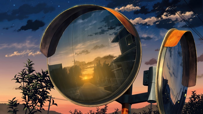 Anime Scenery with Sunset Reflection in Convex Mirrors 4K