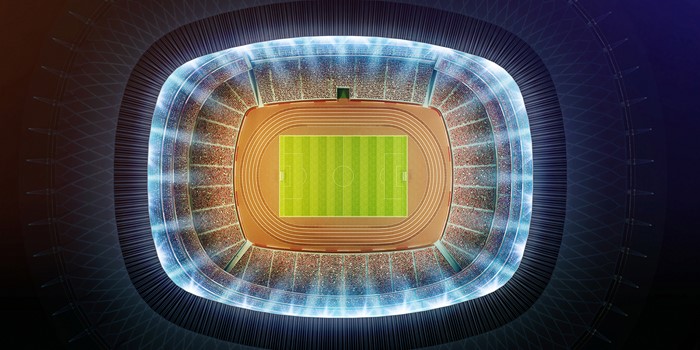 Aerial view of a soccer stadium with a running track