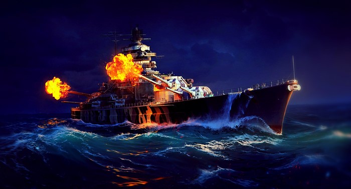 Battleship firing guns in World of Warships