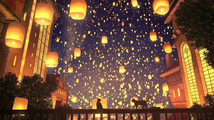 Anime, Sky Lantern, Cat, Night, Scenery, 4K