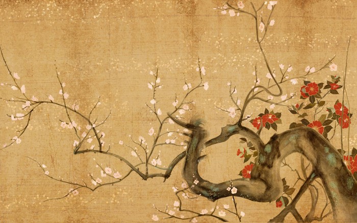 Japanese Painting of Plum Blossoms and Red Flowers