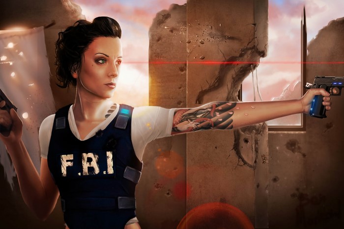 Woman in FBI vest holding a gun