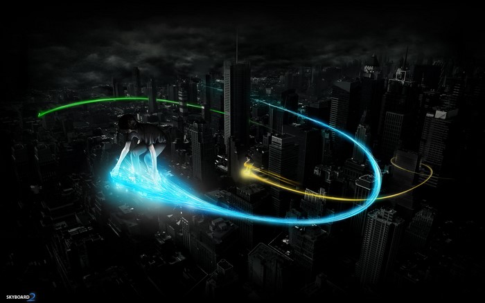 Girl surfing on light trails over city