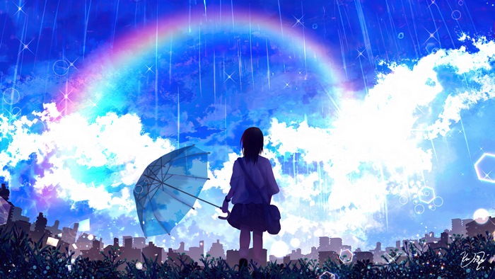 Anime, Girl, Rainbow, Scenery, Raining, Umbrella, 4K
