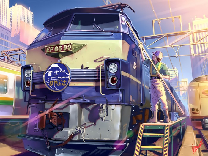Anime train worker cleaning EF66 99 locomotive