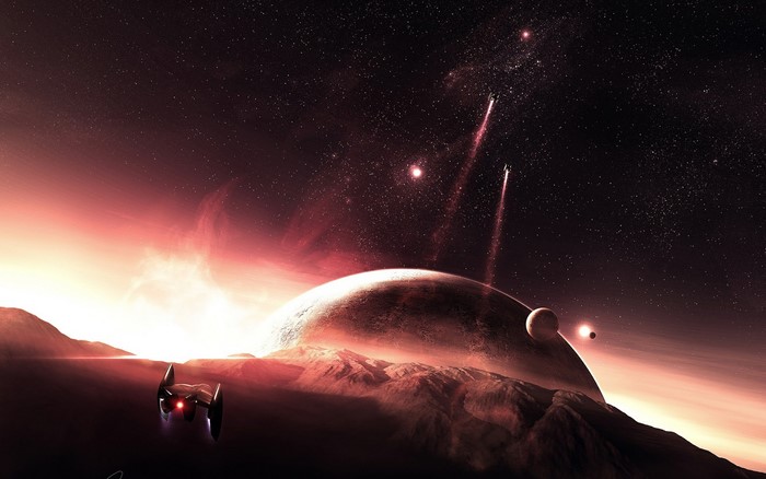 Spaceships in a Sci-Fi Nebula with Planets