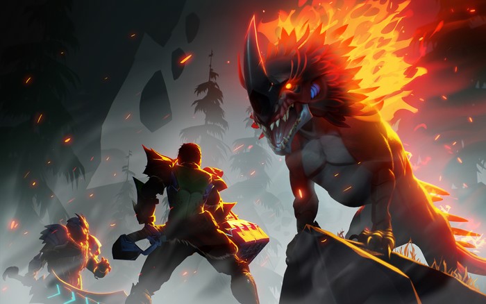 Warrior fighting a fire dragon creature