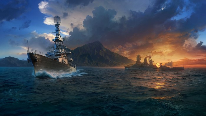Battleships in the ocean at sunset