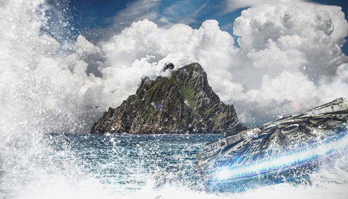 Millennium Falcon in rough seas near a rocky island