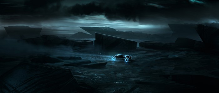 Vehicle in a dark, rocky landscape from TRON: Legacy