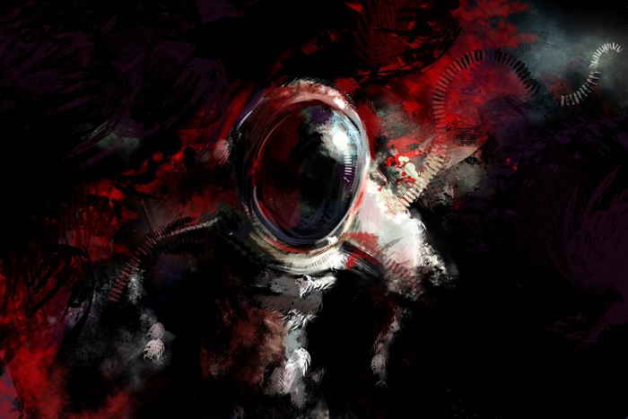 Artistic astronaut in a dark, abstract sci-fi setting