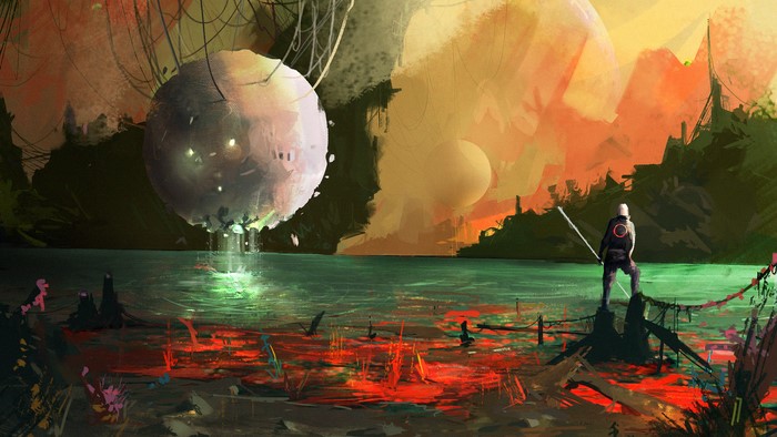 Man with sphere over alien lake