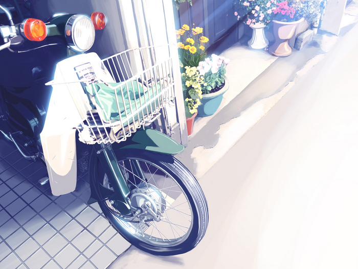 Anime illustration of a vintage scooter with flowers