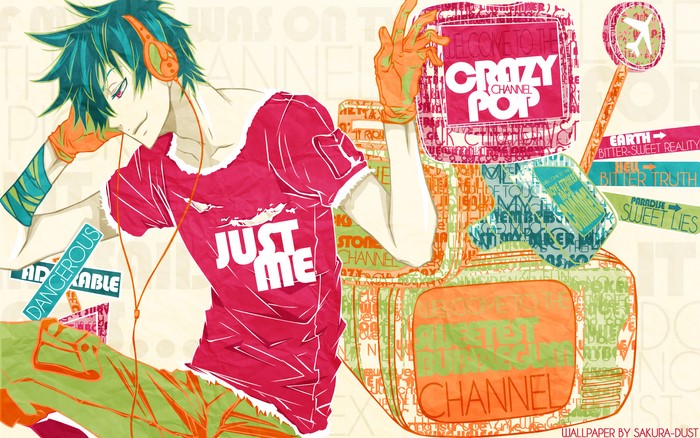 Anime boy with headphones and ripped shirt