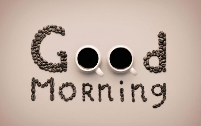 Good Morning text made of coffee beans and cups