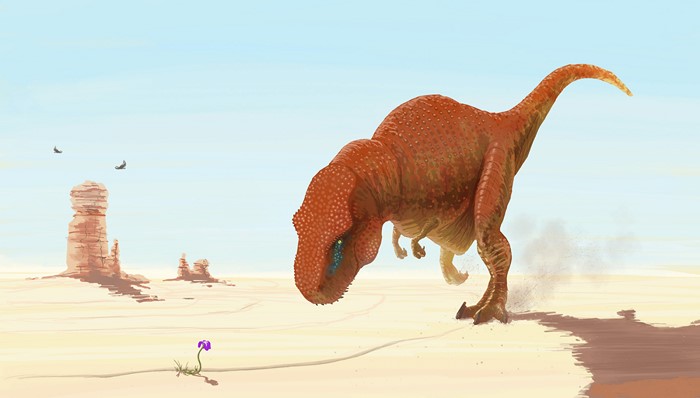 Dinosaur in a desert landscape with rock formations