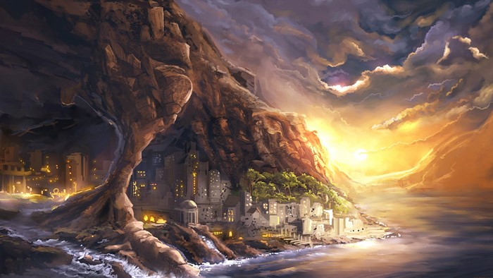 Fantasy city built into a mountain by the sea at sunset