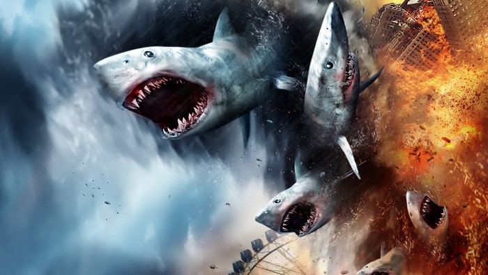 Sharks attacking a city during Sharknado
