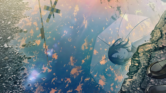 Anime girl reflection in puddle with railroad crossing
