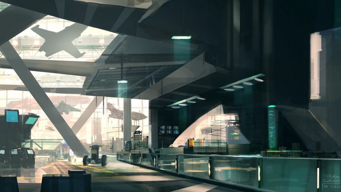 Futuristic hangar with aircraft and consoles