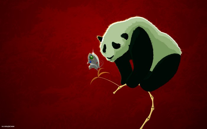Panda and mechanical butterfly on bamboo