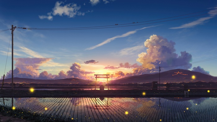 Anime Scenery Sunrise over Paddy Field 4K