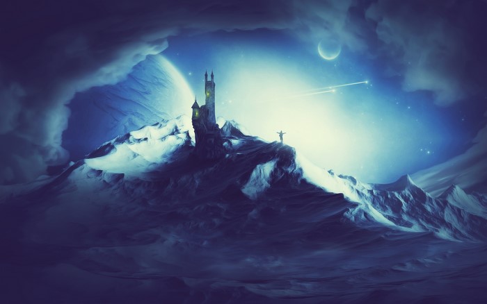 Fantasy castle on snowy mountains under alien sky