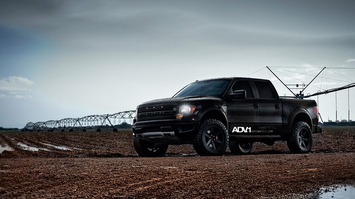 Black Ford Raptor Truck in a Field