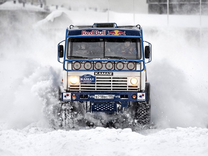 Kamaz Master truck driving through snow