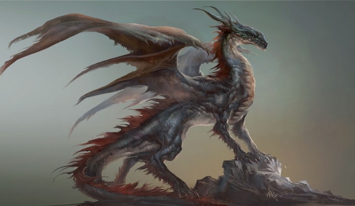 Fantasy Dragon standing on rocks