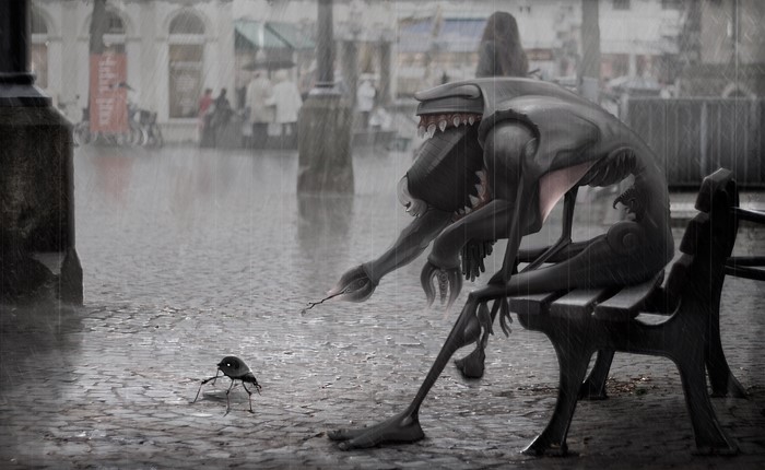 Dark creature and small creature in the rain