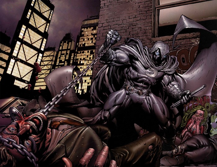 Moon Knight standing over defeated foes in a city alley